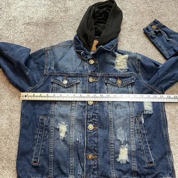Rue 21 Jean Jacket Womens Small Blue Denim Distressed Dark Wash Black Hooded - Picture 8 of 11